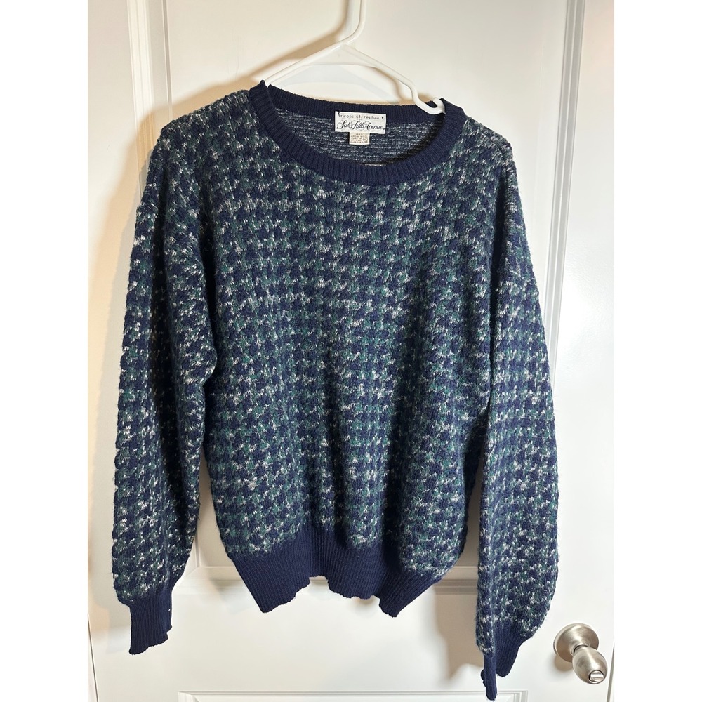 Saks Fifth Avenue Vintage Wool Sweater Green Blue Houndstooth Womens XL
